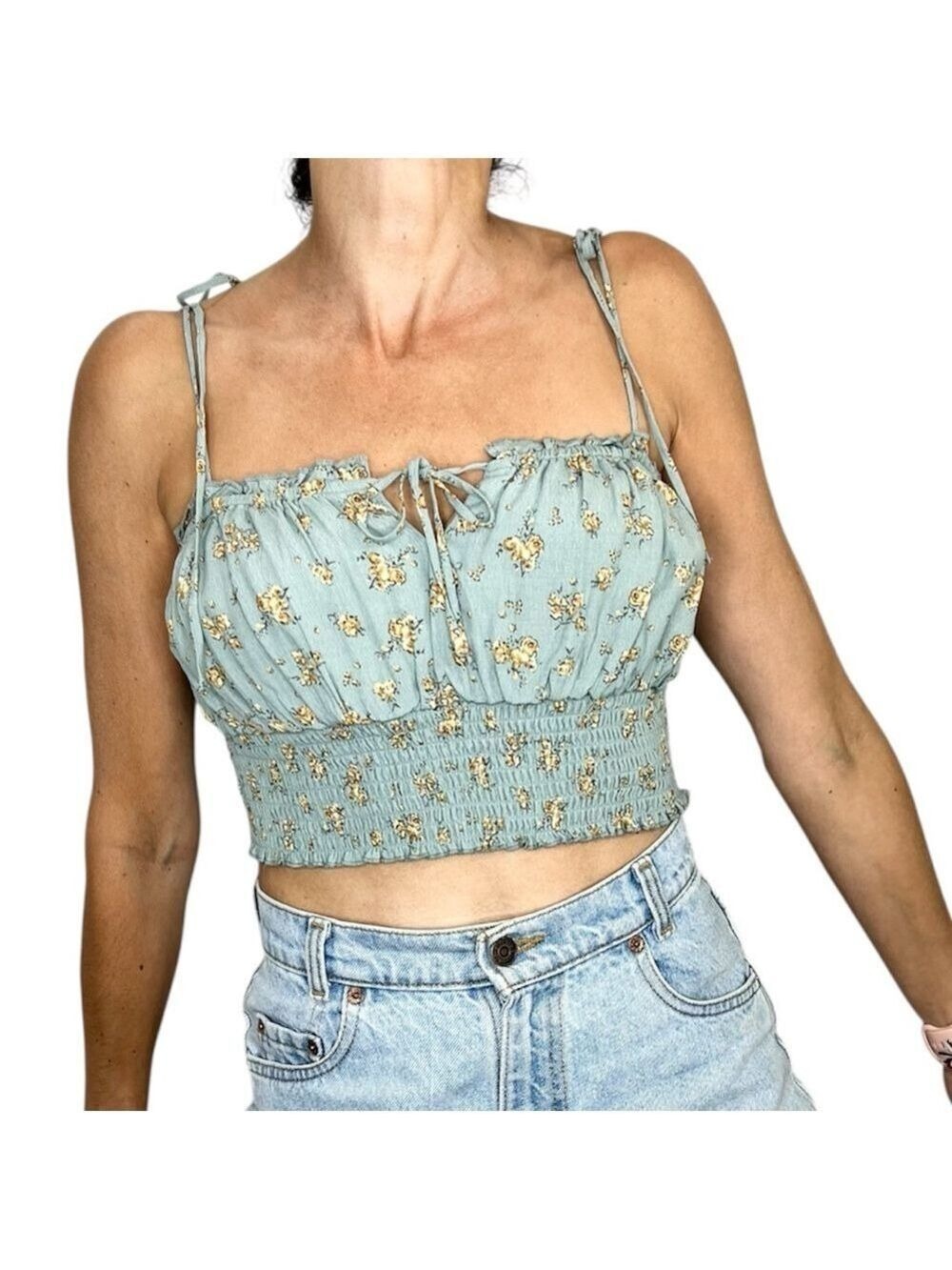 Garage cropped blue floral tie shoulder tank top L